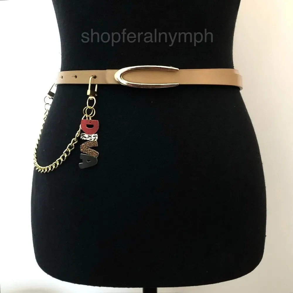 Tan Y2K Diva Charm Skinny Faux Leather Chain Belt, Fits 36.5-39 Inches, X7GA1239